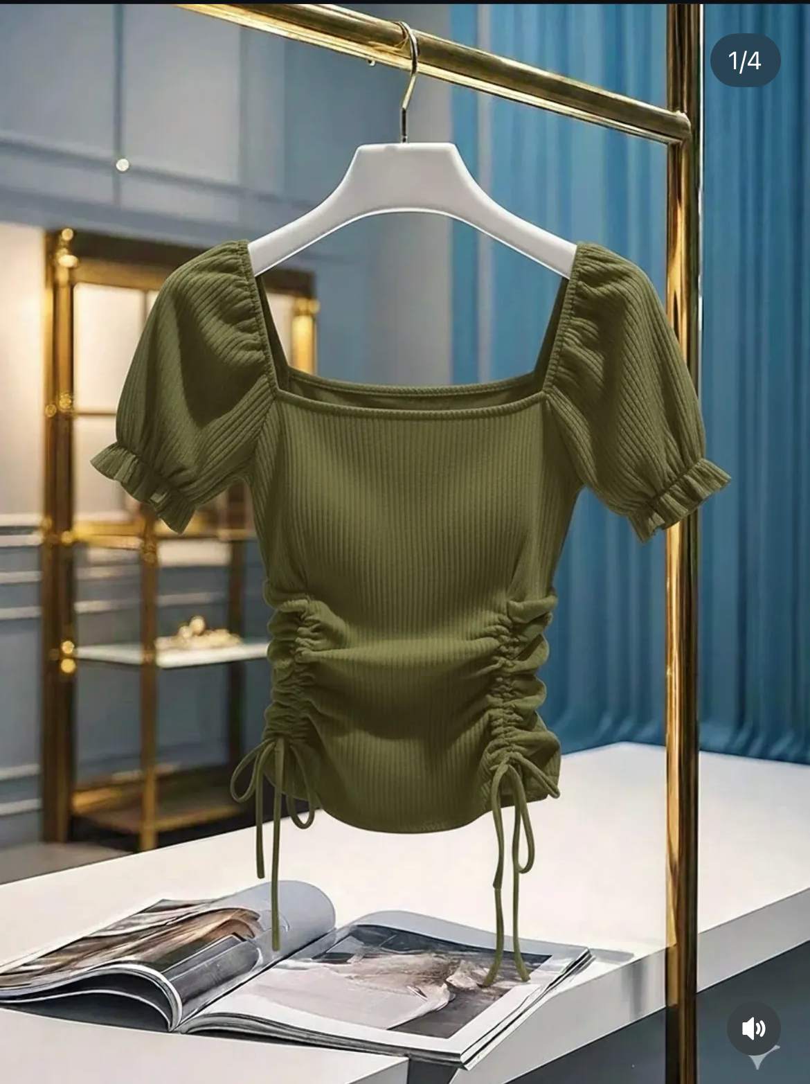 Square Neck Puff Sleeves Side Ruched Top HS