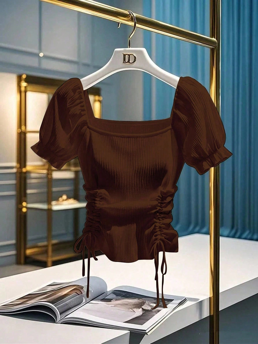 Square Neck Puff Sleeves Side Ruched Top HS