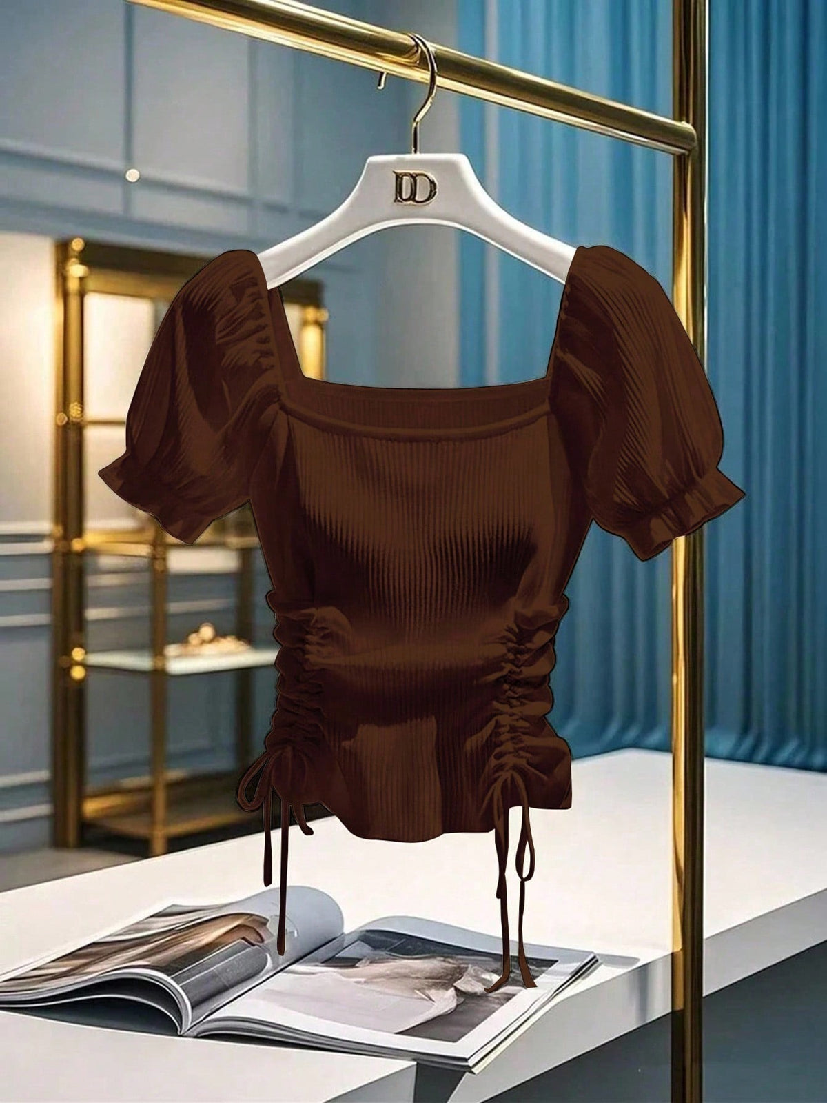 Square Neck Puff Sleeves Side Ruched Top HS
