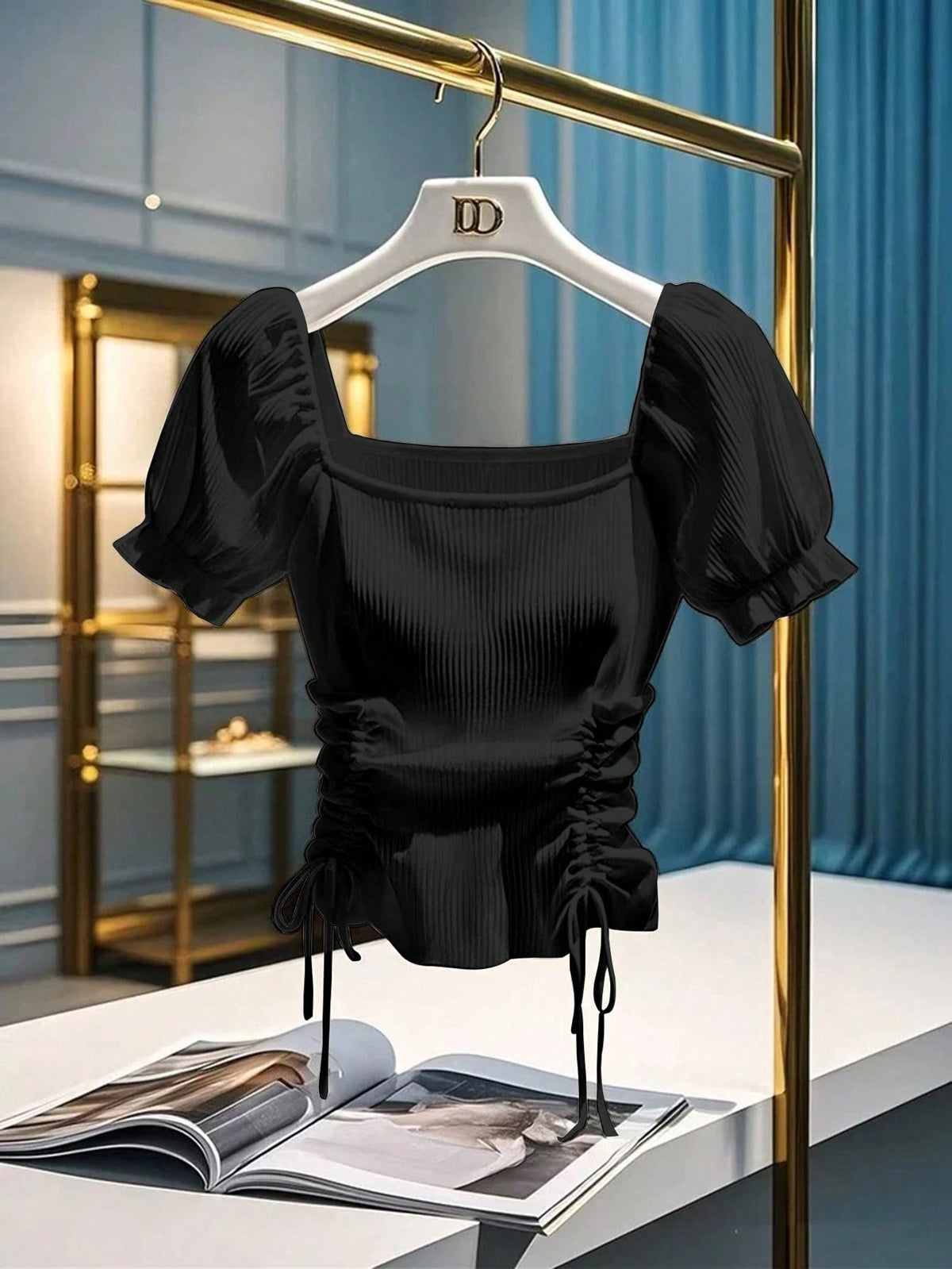 Square Neck Puff Sleeves Side Ruched Top HS