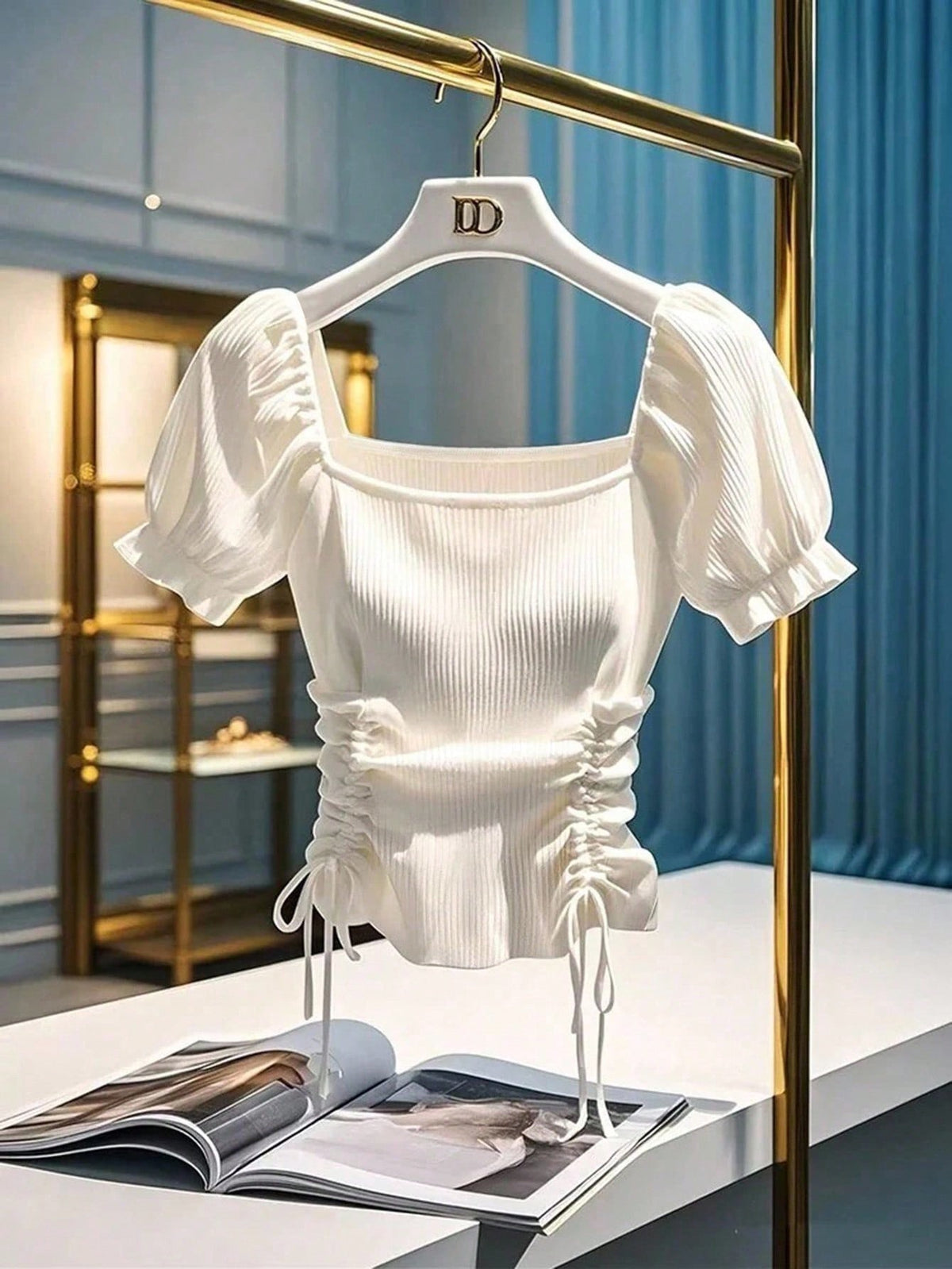 Square Neck Puff Sleeves Side Ruched Top HS