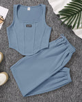 Dusty Blue Rib Henley Hem & Dusty Blue Trouser Set