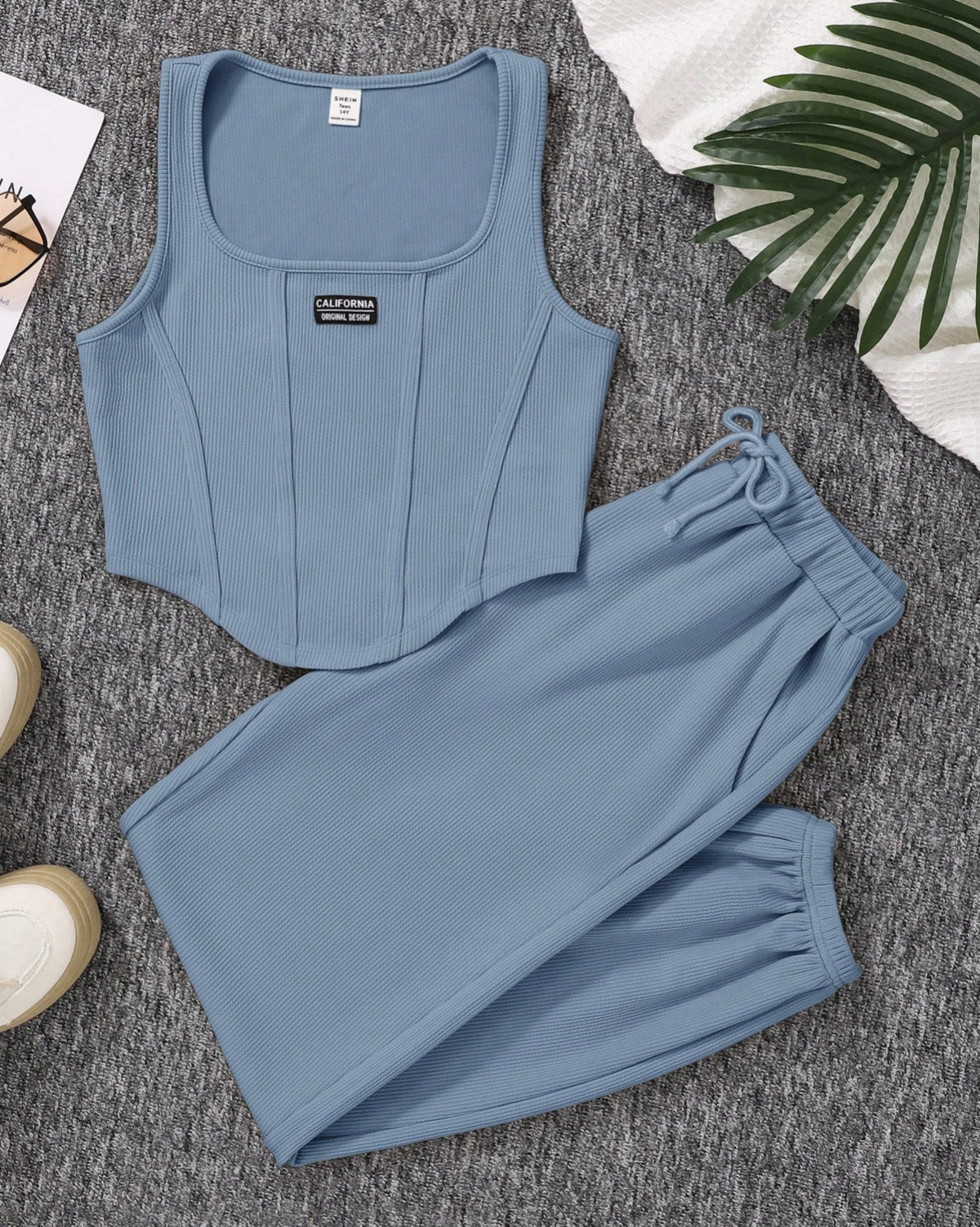 Dusty Blue Rib Henley Hem & Dusty Blue Trouser Set