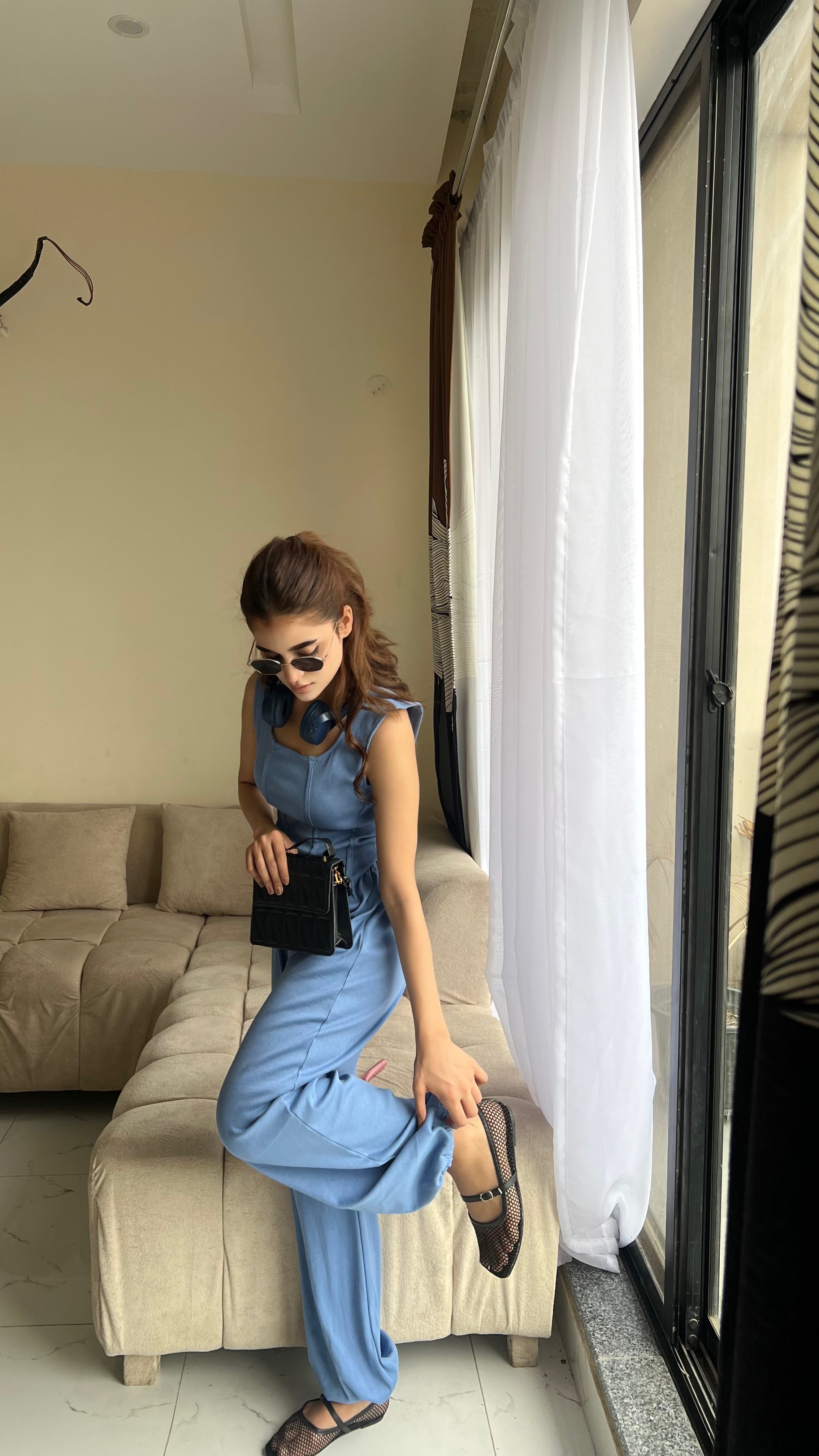 Dusty Blue Rib Henley Hem & Dusty Blue Trouser Set