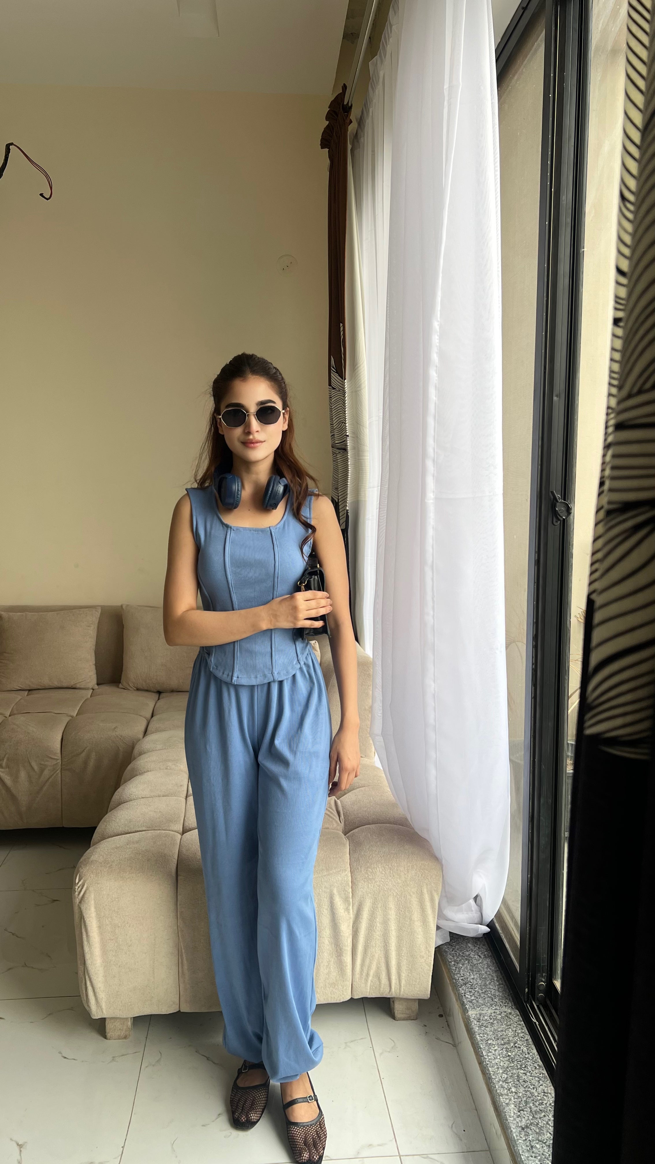 Dusty Blue Rib Henley Hem & Dusty Blue Trouser Set