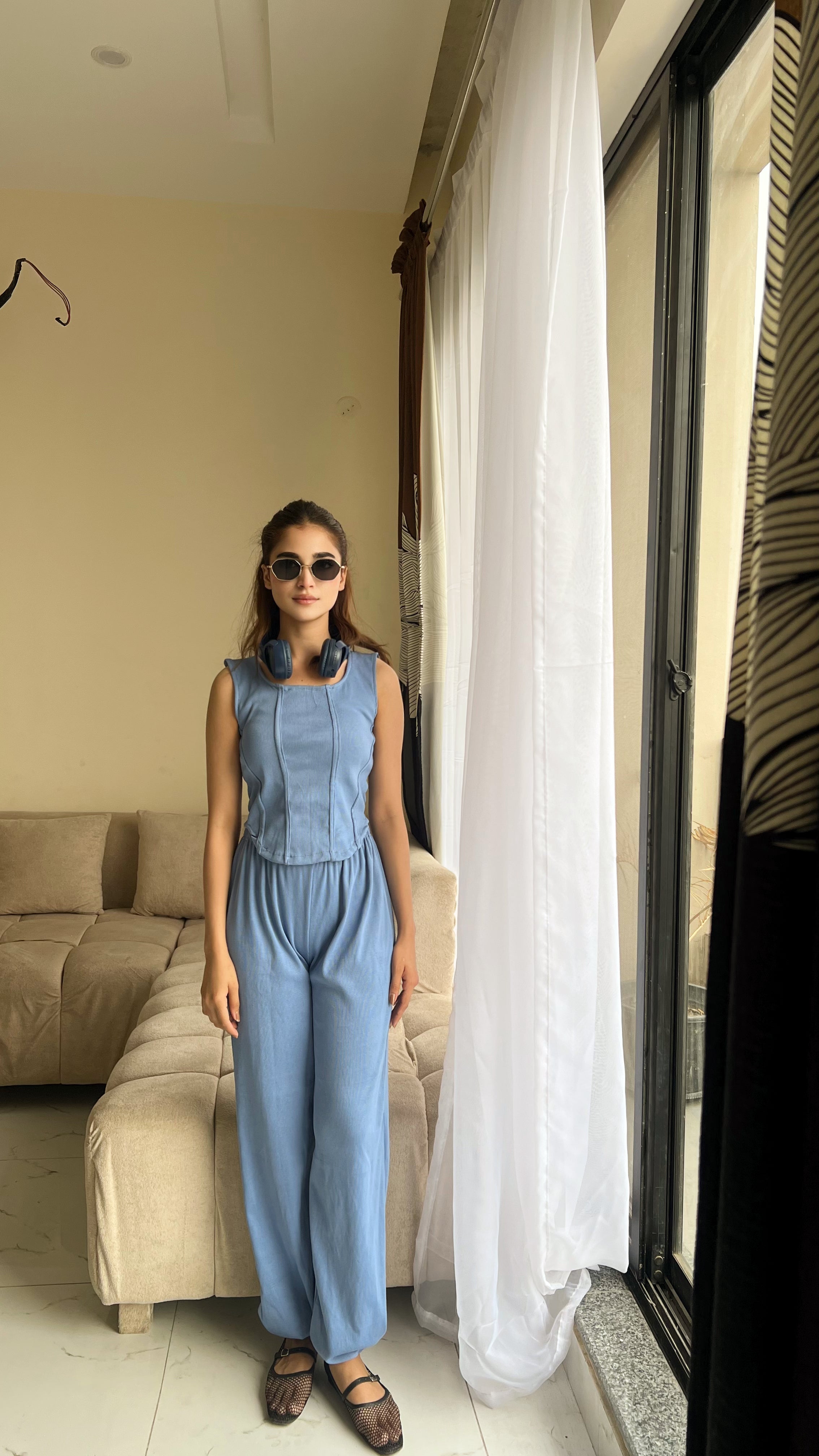 Dusty Blue Rib Henley Hem & Dusty Blue Trouser Set