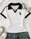 White 2 Tone V Polo Stripes Top HS – Unicorn Print