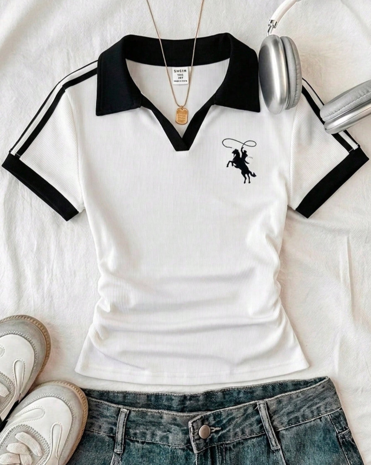 White 2 Tone V Polo Stripes Top HS – Unicorn Print