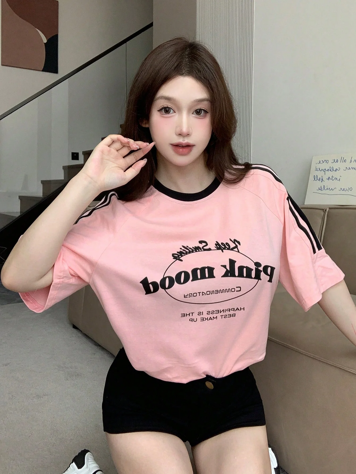 Round Neck Stripes Oversized Shirt – Pink Mood