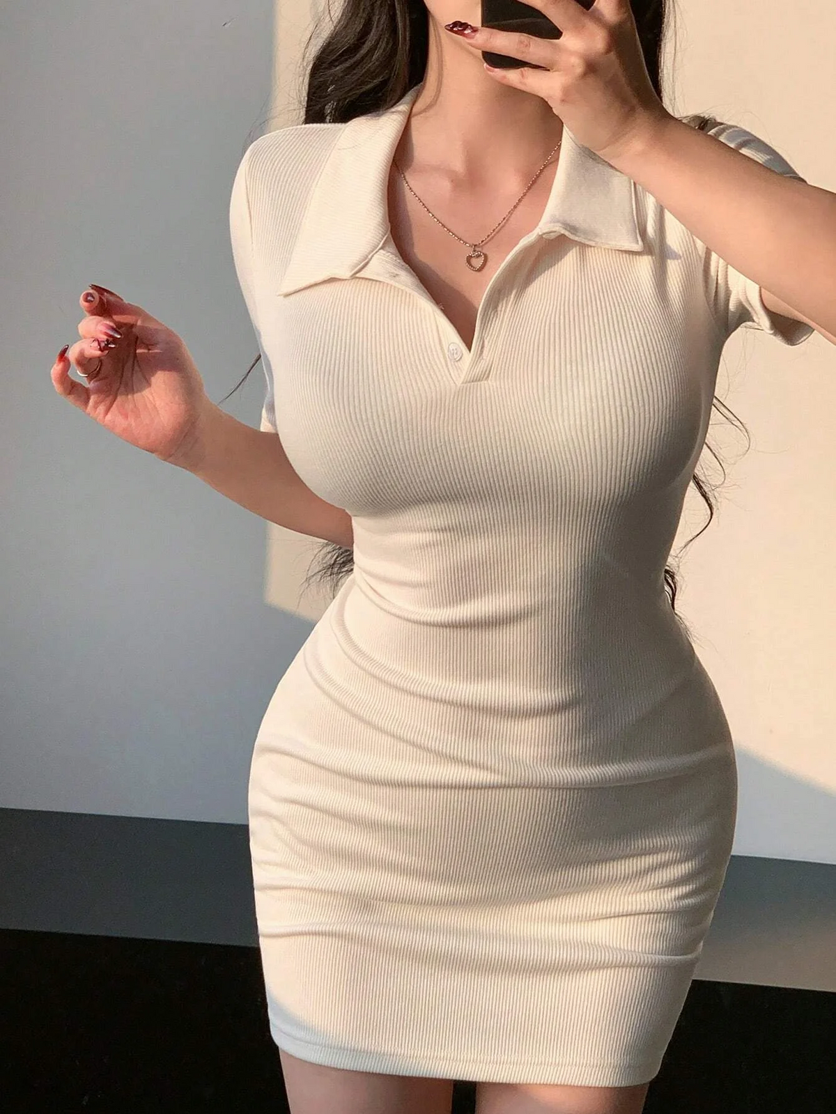 Beige V Polo Fitted Bodycon Dress