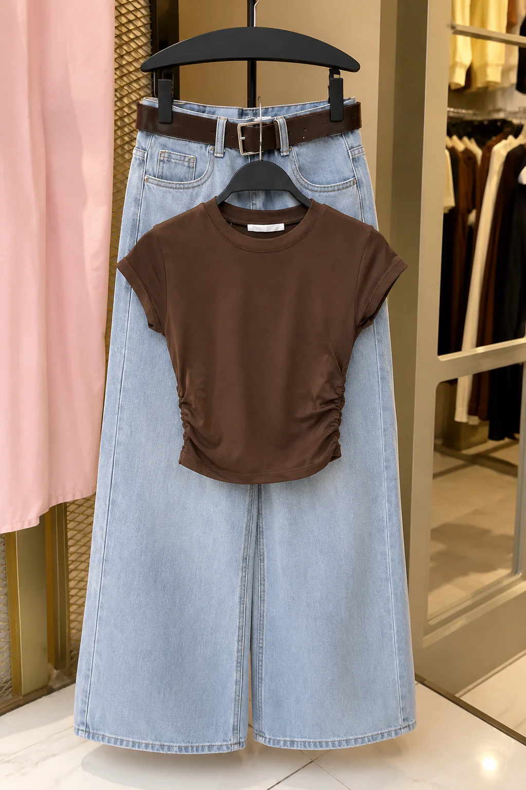 Dark Brown Round Neck Side Ruched Top & Sky Blue Wide Leg Jeans Set