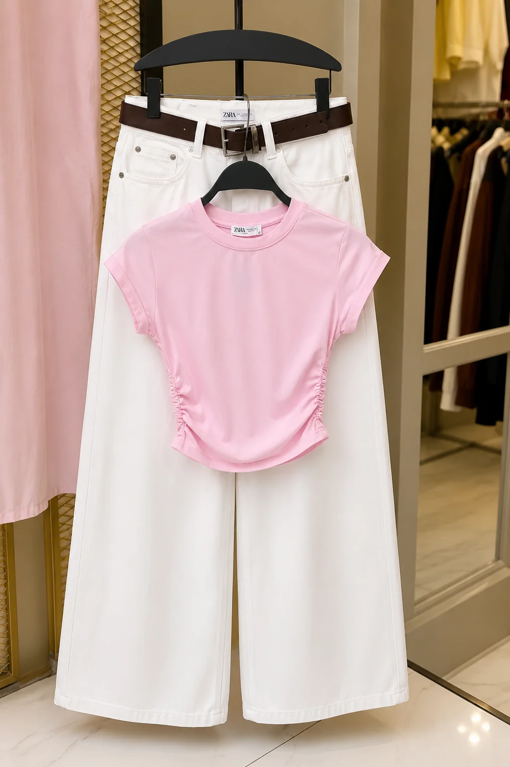 Baby Pink Wear Round Neck Side Ruched Top & White Wide Leg Jeans Set