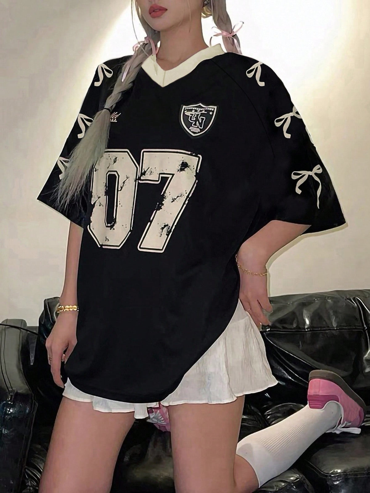 2 Tone V Neck Oversized Shirt – 07 Bow